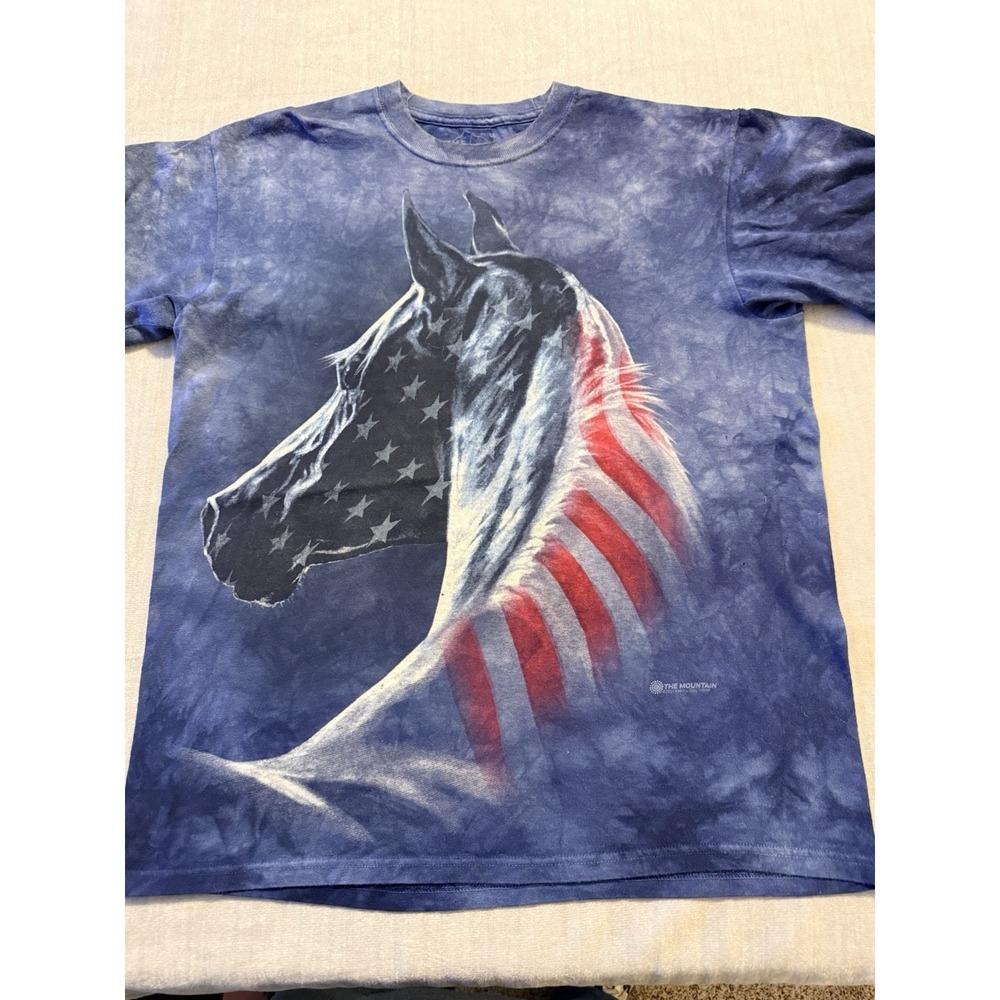 The Mountain Patriotic Horse  XL Blue Tie Dye American Flag Graphic Tee 2012